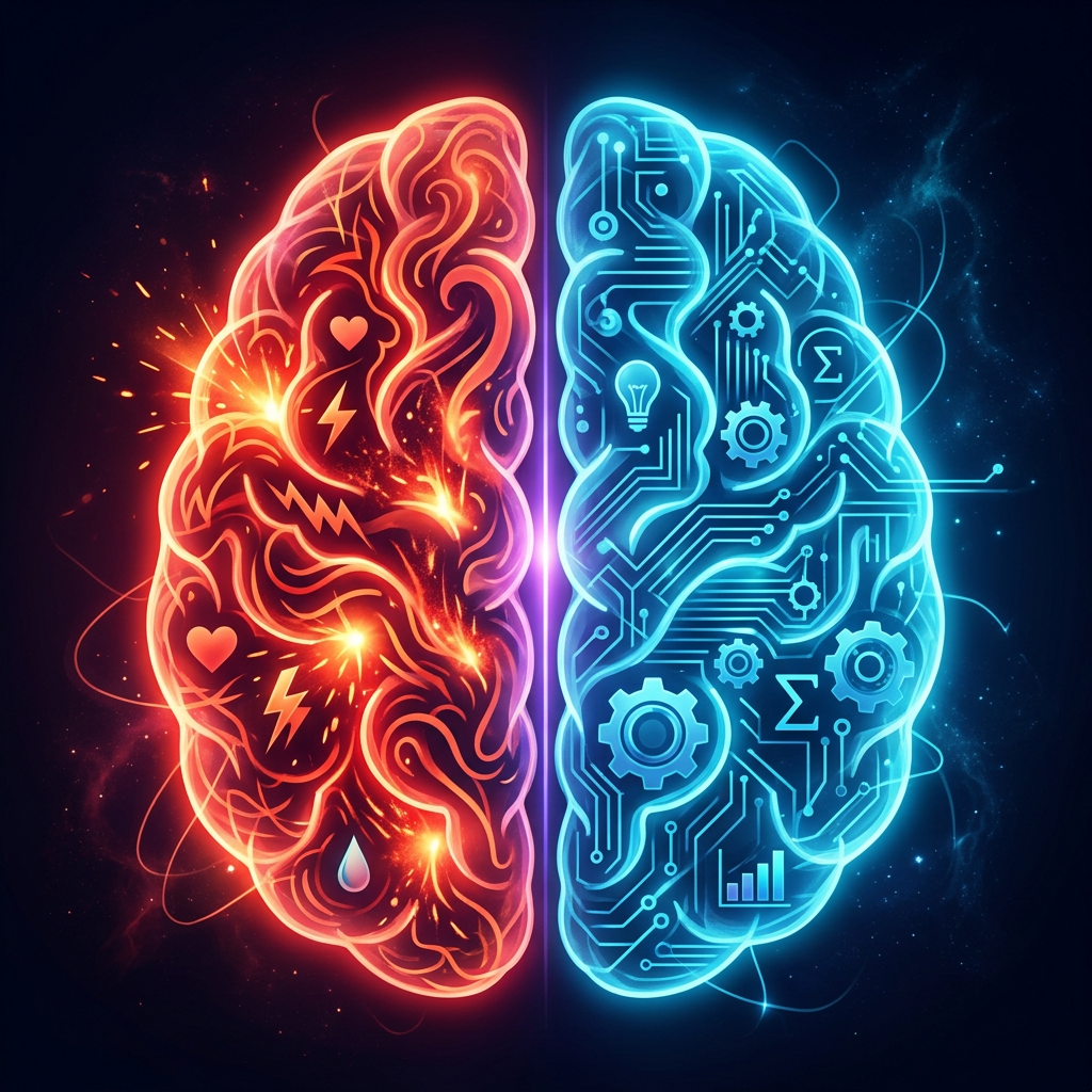 Left brain depicted with emotional symbols in red and right brain with logical symbols in blue