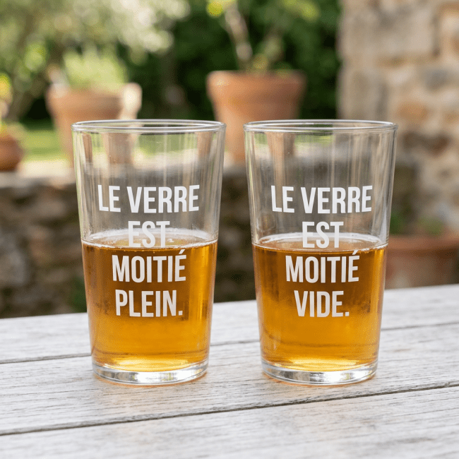 Two glasses with amber liquid and French text saying 'Le verre est moitié plein' and 'Le verre est moitié vide'.