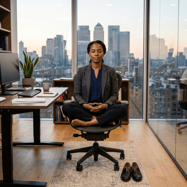 Woman meditating cross-legged on office chair with shoes off and eyes closed
