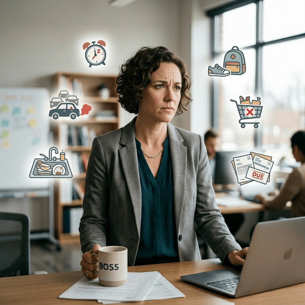Smiling businesswoman at desk with icons for alarm clock, traffic, dirty dishes, shopping, backpack, and overdue bills