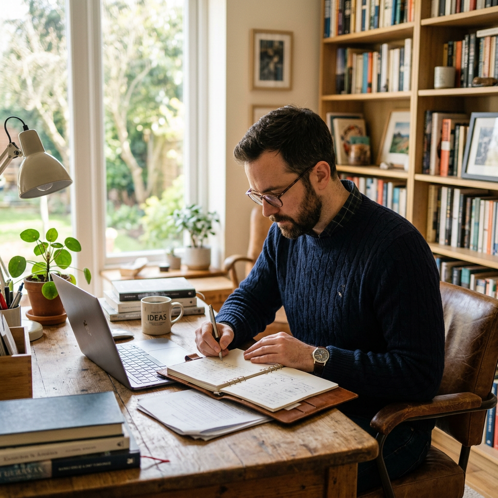 Man writing in notebook at wooden desk with laptop, books, and coffee mug