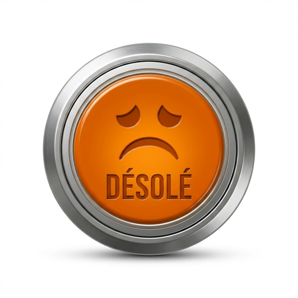 Red apology button on device panel Red button with sad face and the word 'Désolé' on metal device panel