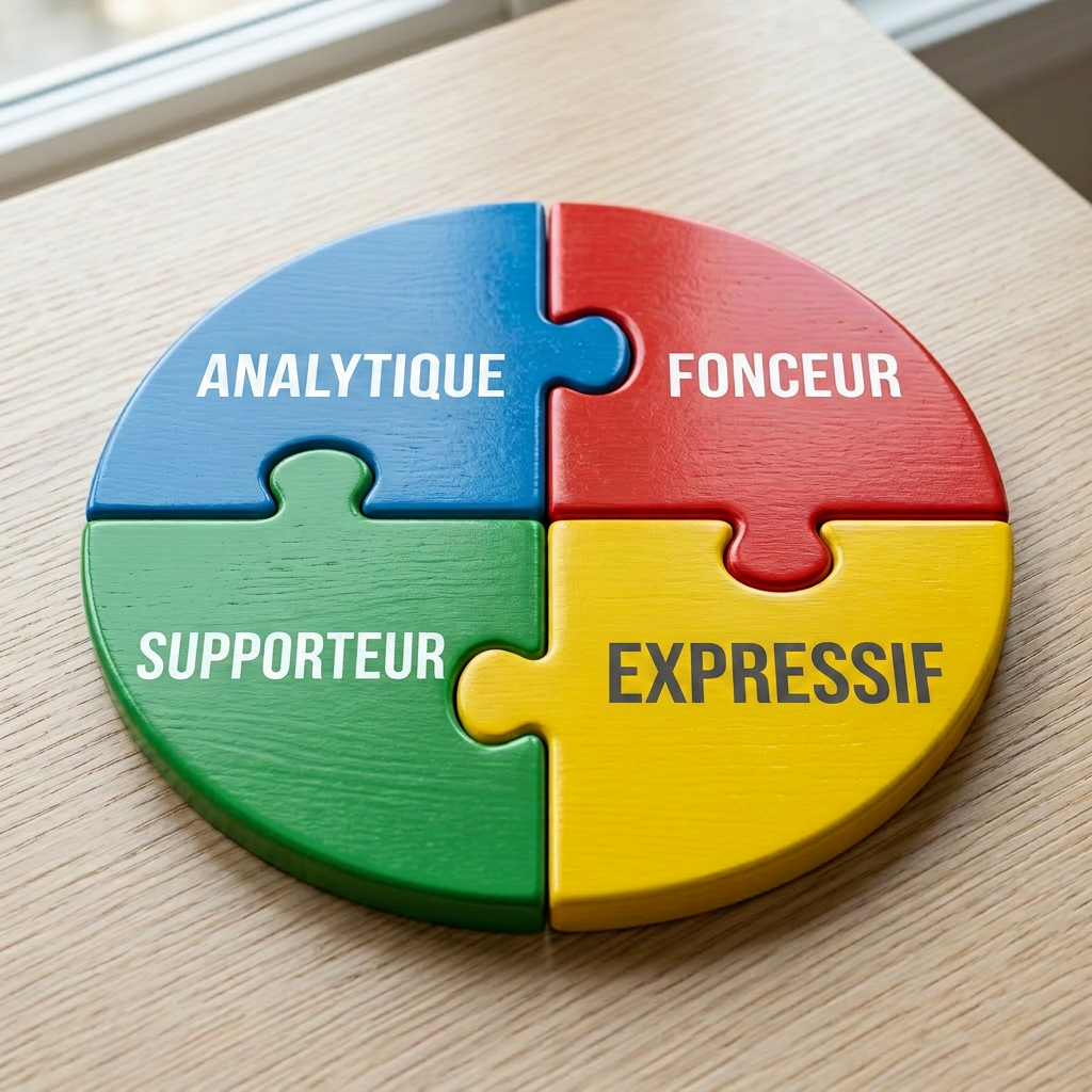 Personality types puzzle pieces Circular puzzle with four pieces labeled Expressif, Fonceur, Supporteur, and Analytique