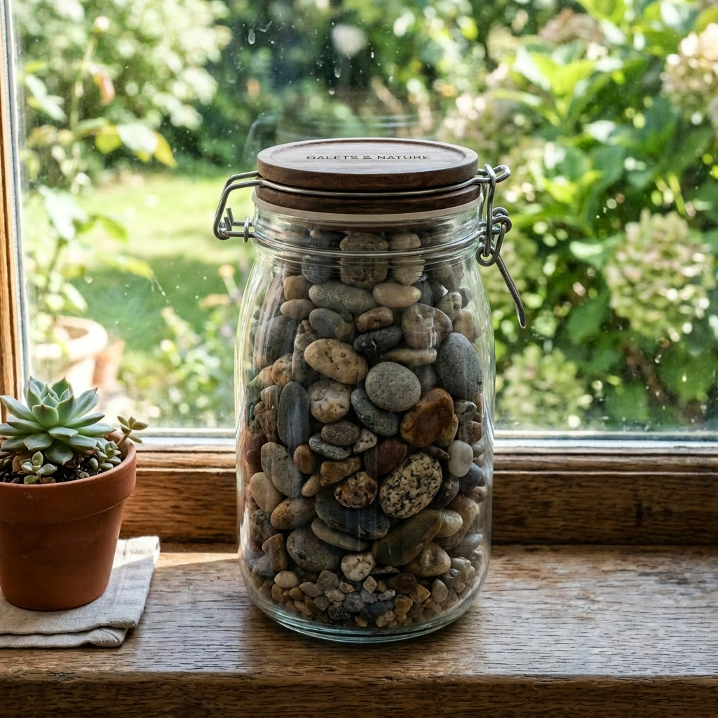 Glass jar full of assorted smooth pebbles with wooden lid on windowsill beside small potted succulent plant.